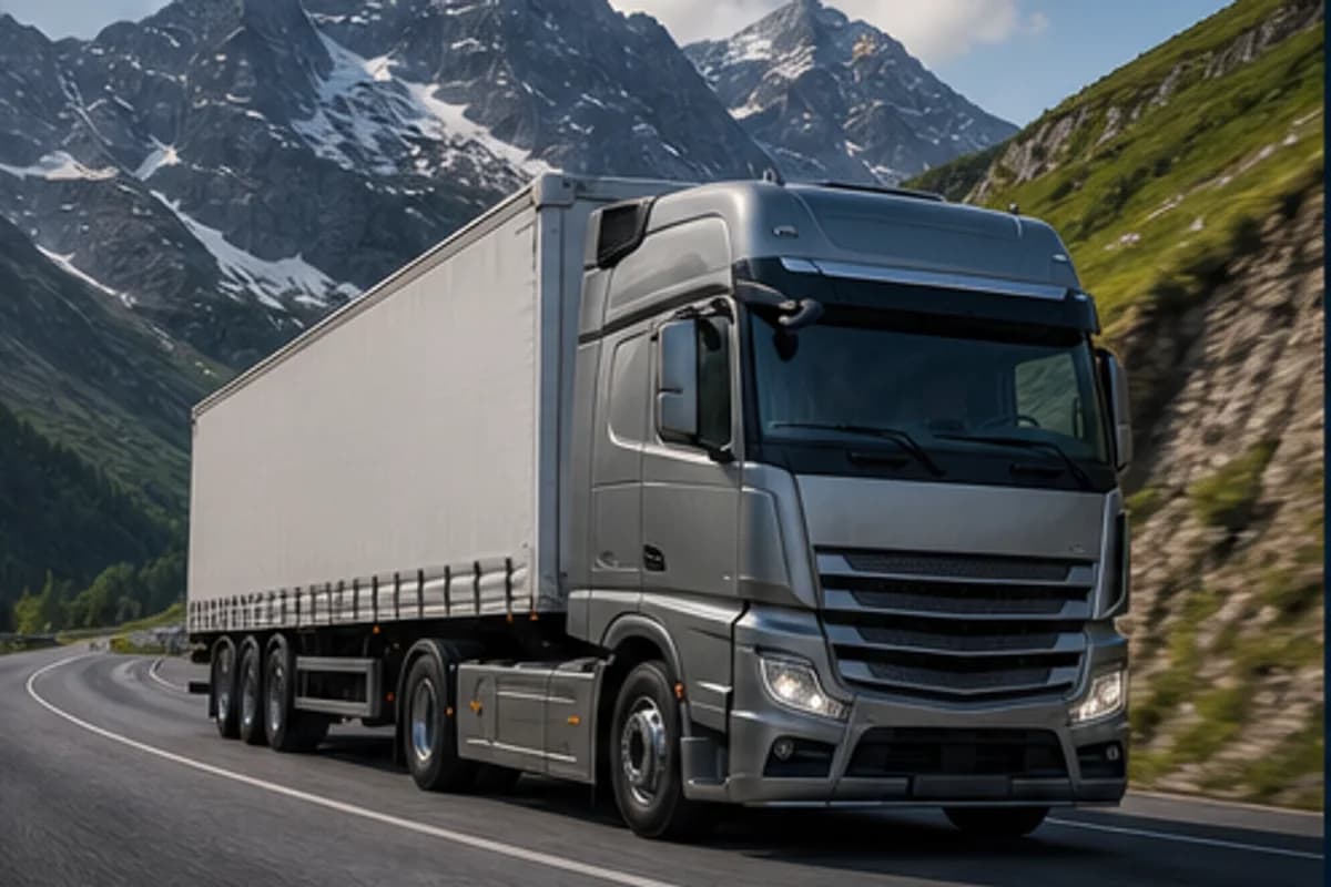 Unbranded heavy goods truck used for European driver source-route planning